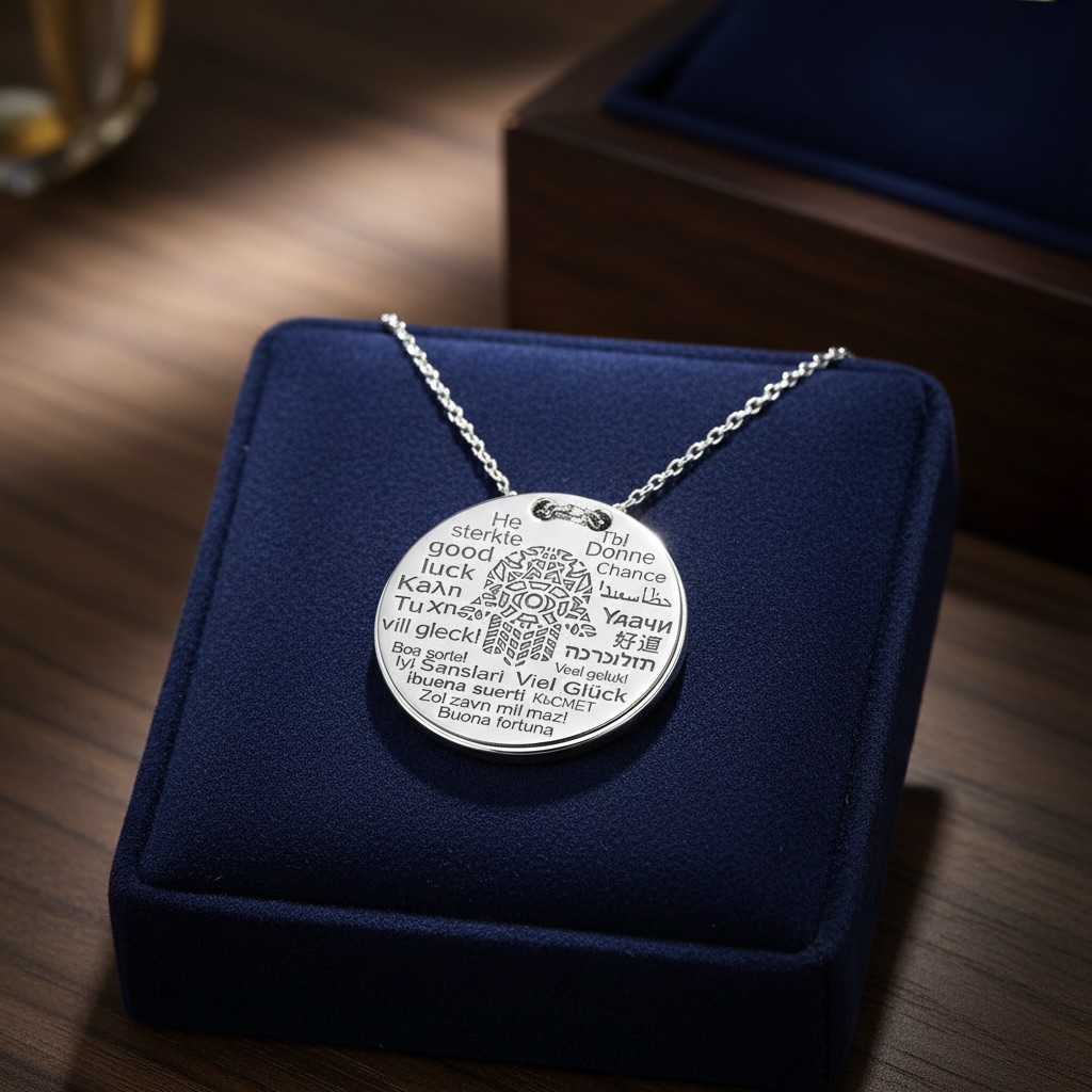 Sterling Silver 925 Multilingual Pendant Necklace "Good Luck" - Image 2