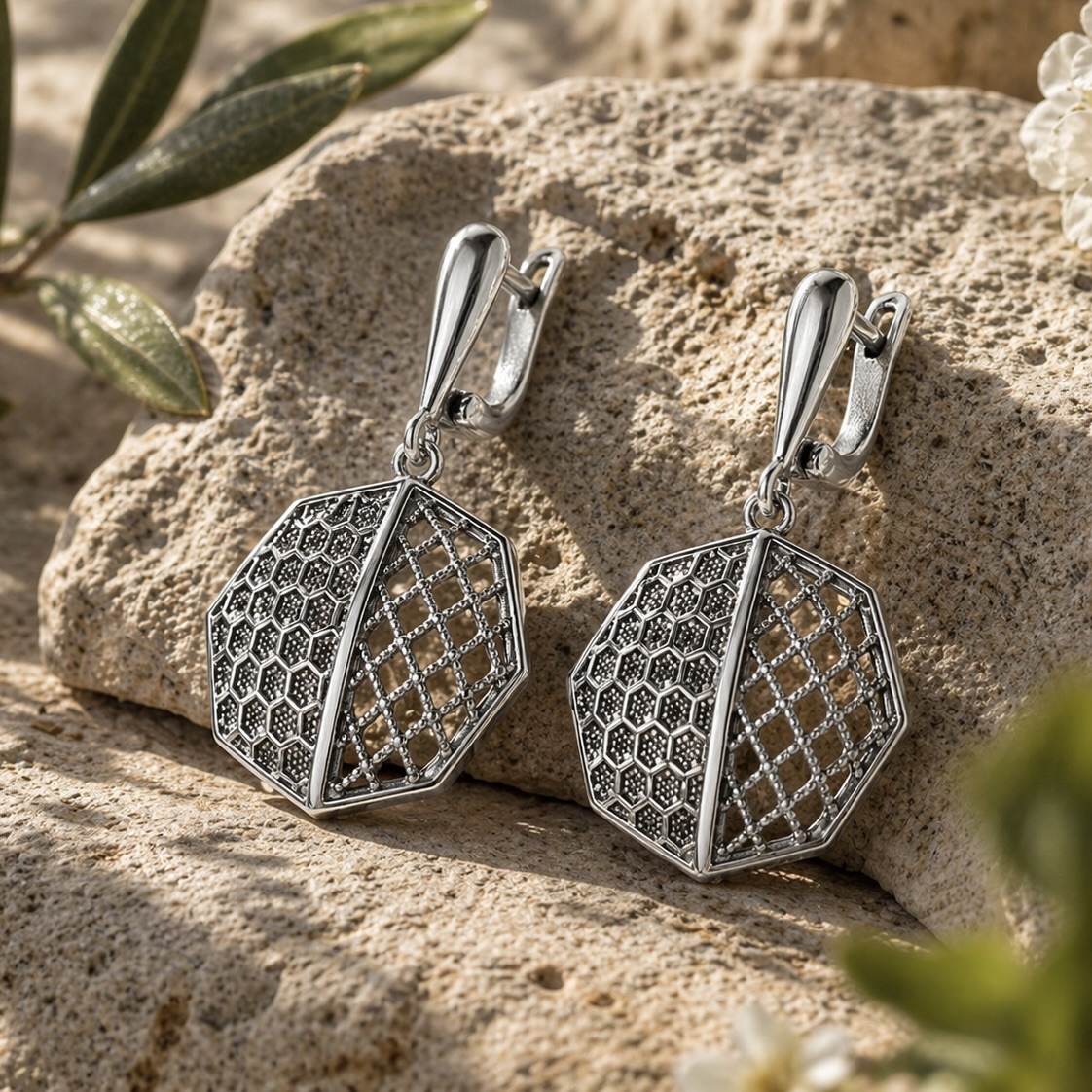 Sterling Silver 925 Openwork Octagon Dangle Earrings "Enigma" - Image 2