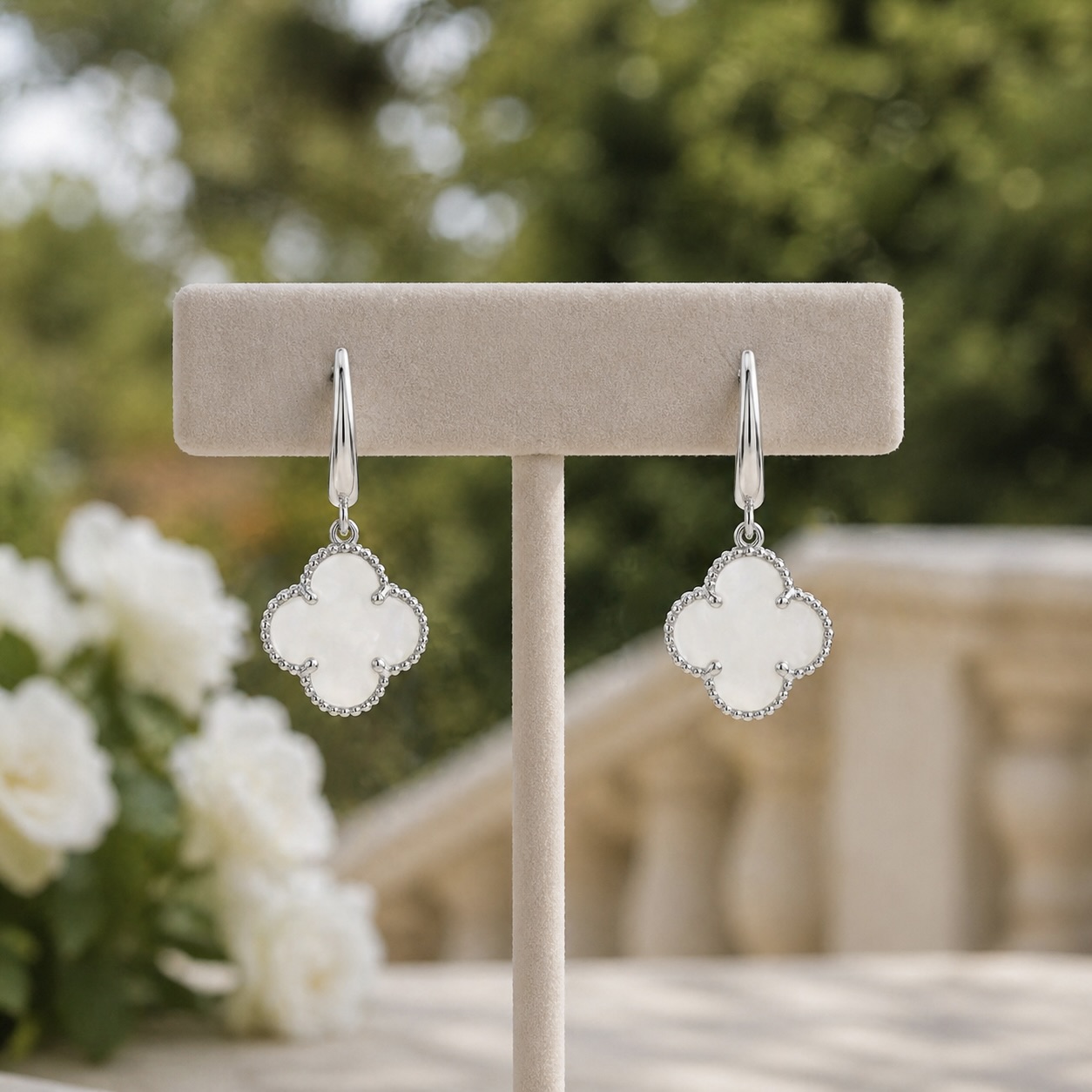 Sterling Silver 925 Mother of Pearl Clover Dangle Earrings “Luminous” - Image 2