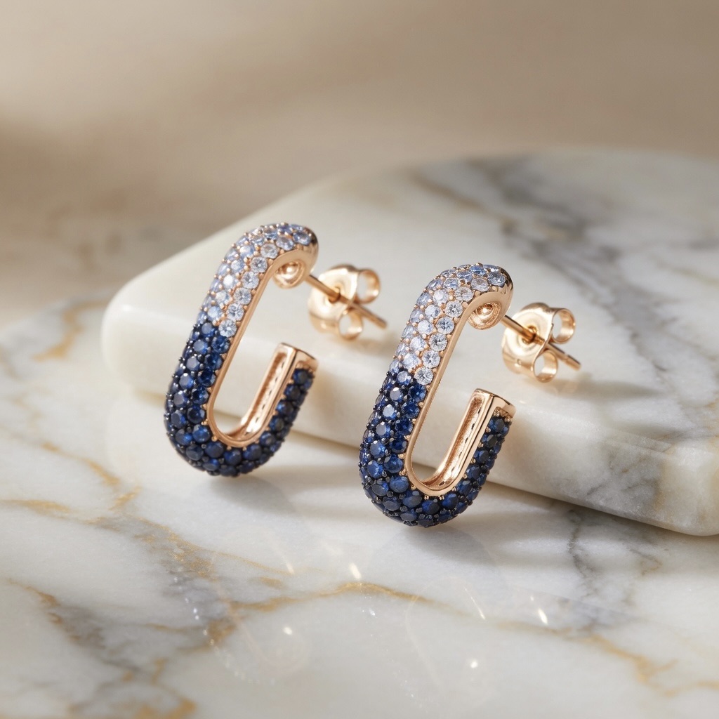 Sterling Silver 925 Rose Gold Plated Blue Pavé Stud Earrings "Azure Glow" - Image 2