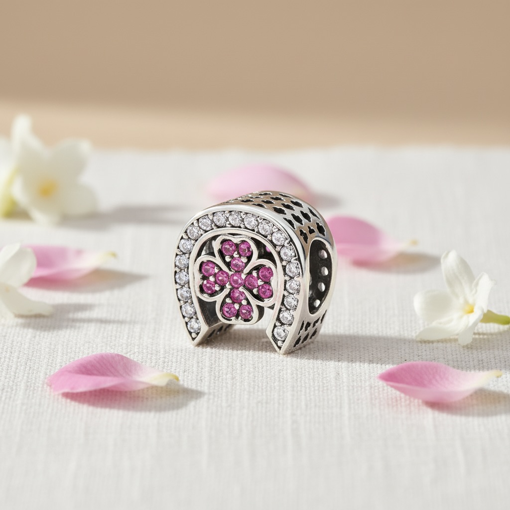 Sterling Silver 925 Horseshoe CZ Bracelet Bead Charm “Lucky Clover” - Image 2