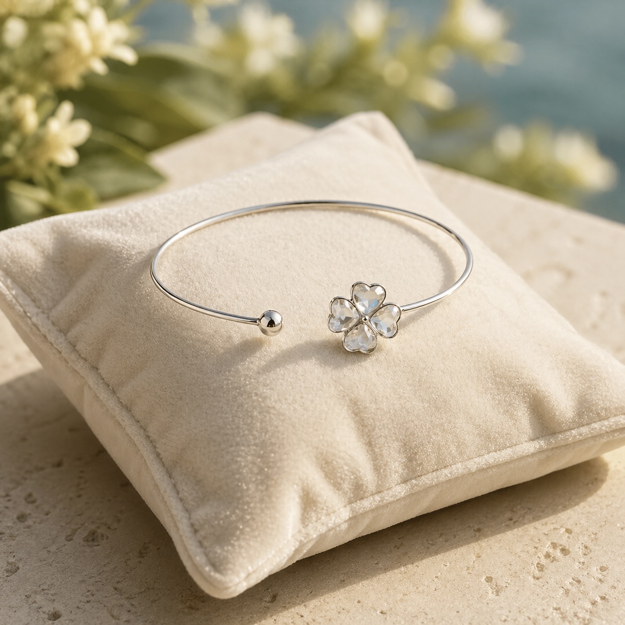 Sterling Silver 925 Clover Swarovski Crystals Cuff Bracelet "Blessed" - Image 2
