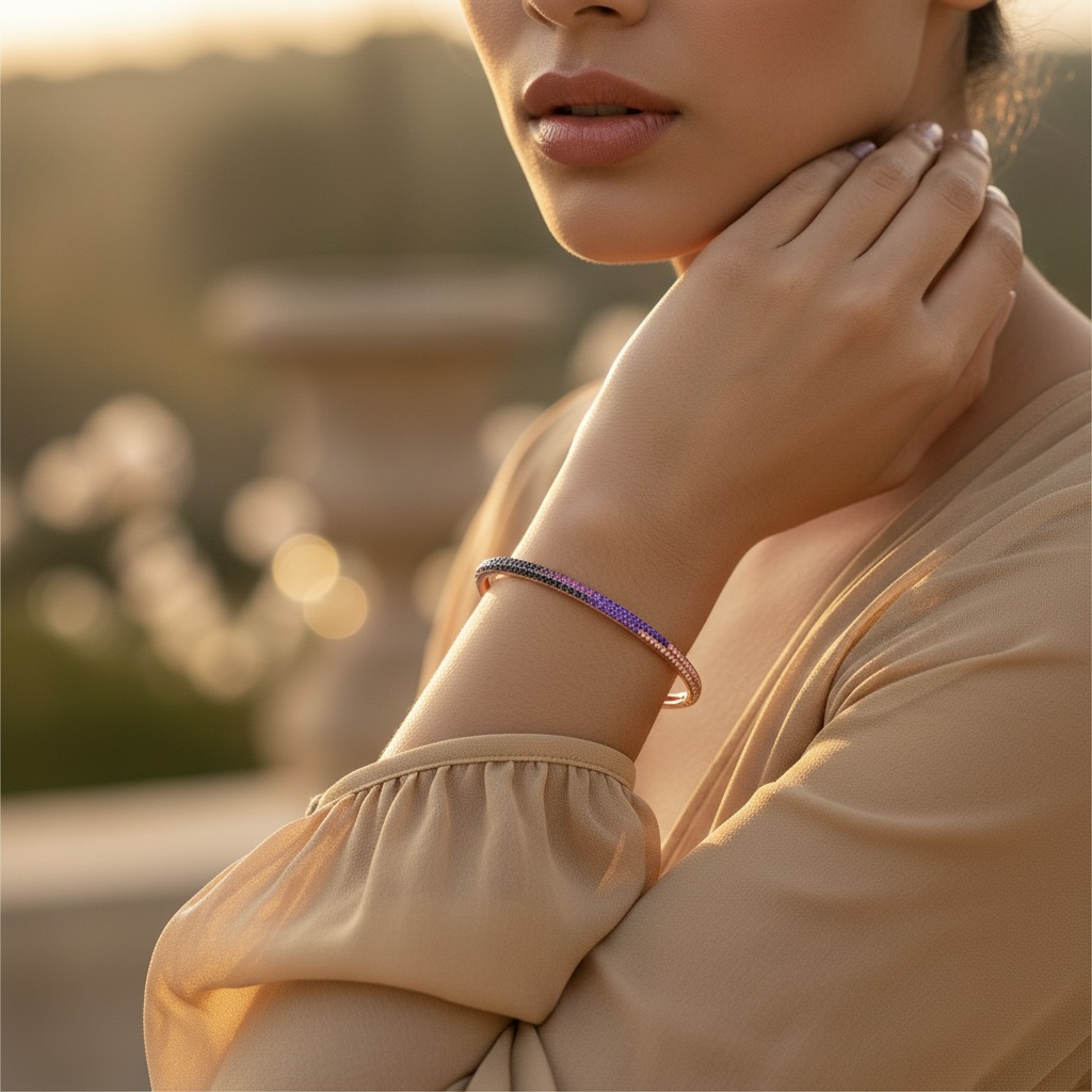 Sterling Silver 925 Rose Gold CZ Bangle Bracelet "Ombre" - Image 3