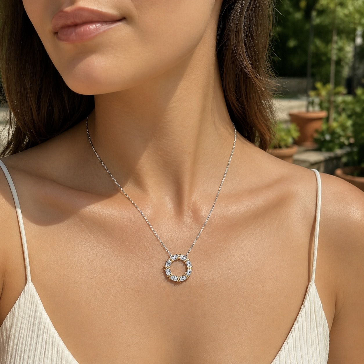 Yellow Gold Plated 925 Sterling Silver Pave CZ Open Round Pendant Necklace "Eternelle Belle" - Image 3