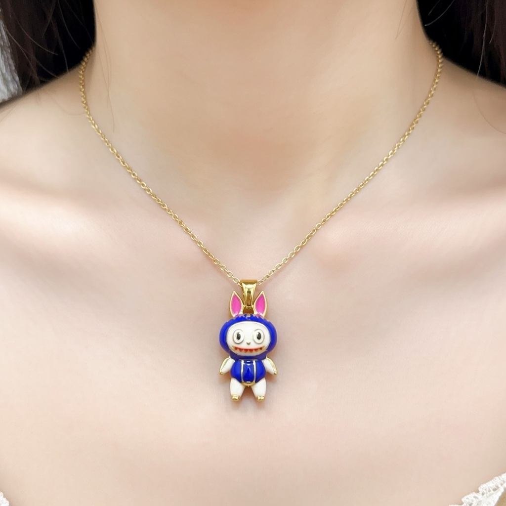 Gold Plated Sterling Silver 925 Labubu Necklace Pendant "Aoyie" - Silver Image 2