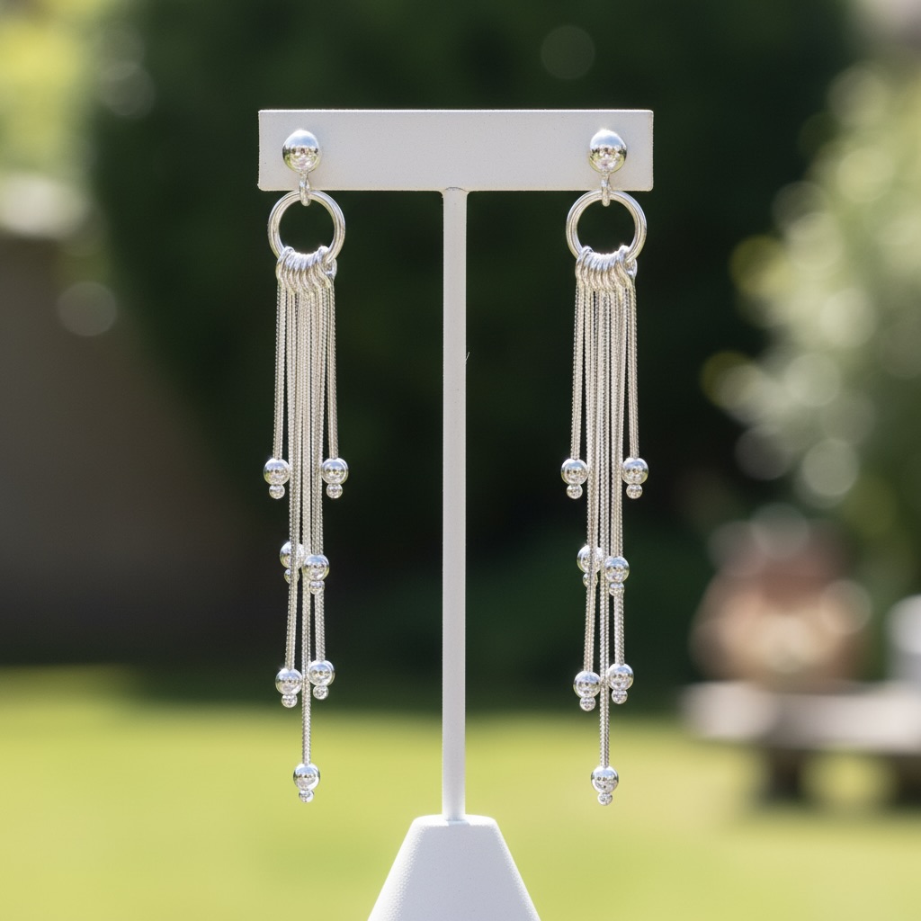 Sterling Silver 925 Dangle Drop Stud Earrings "Tassel" - Image 2