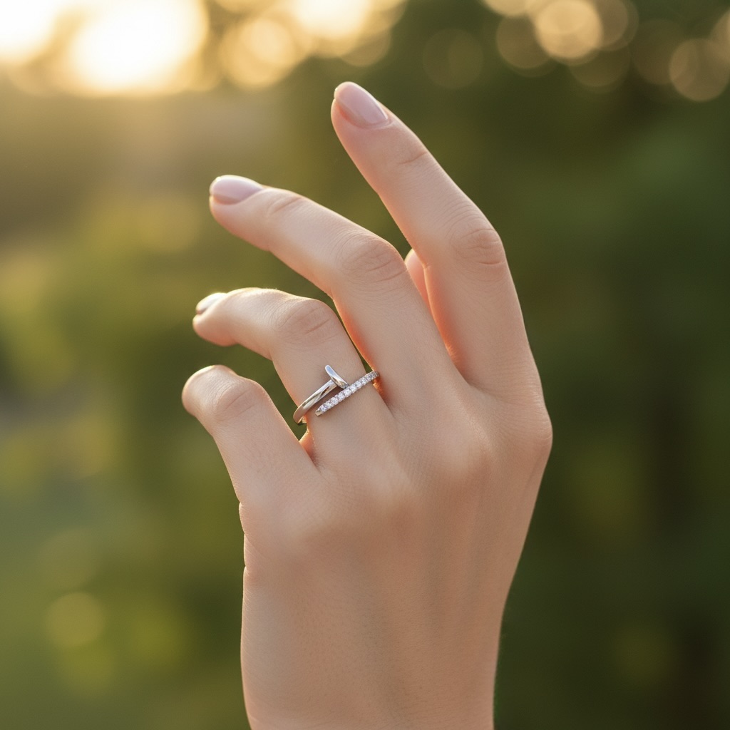 Sterling Silver 925 CZ Half Nail Adjustable Open Ring "L'ouvert" - Image 4