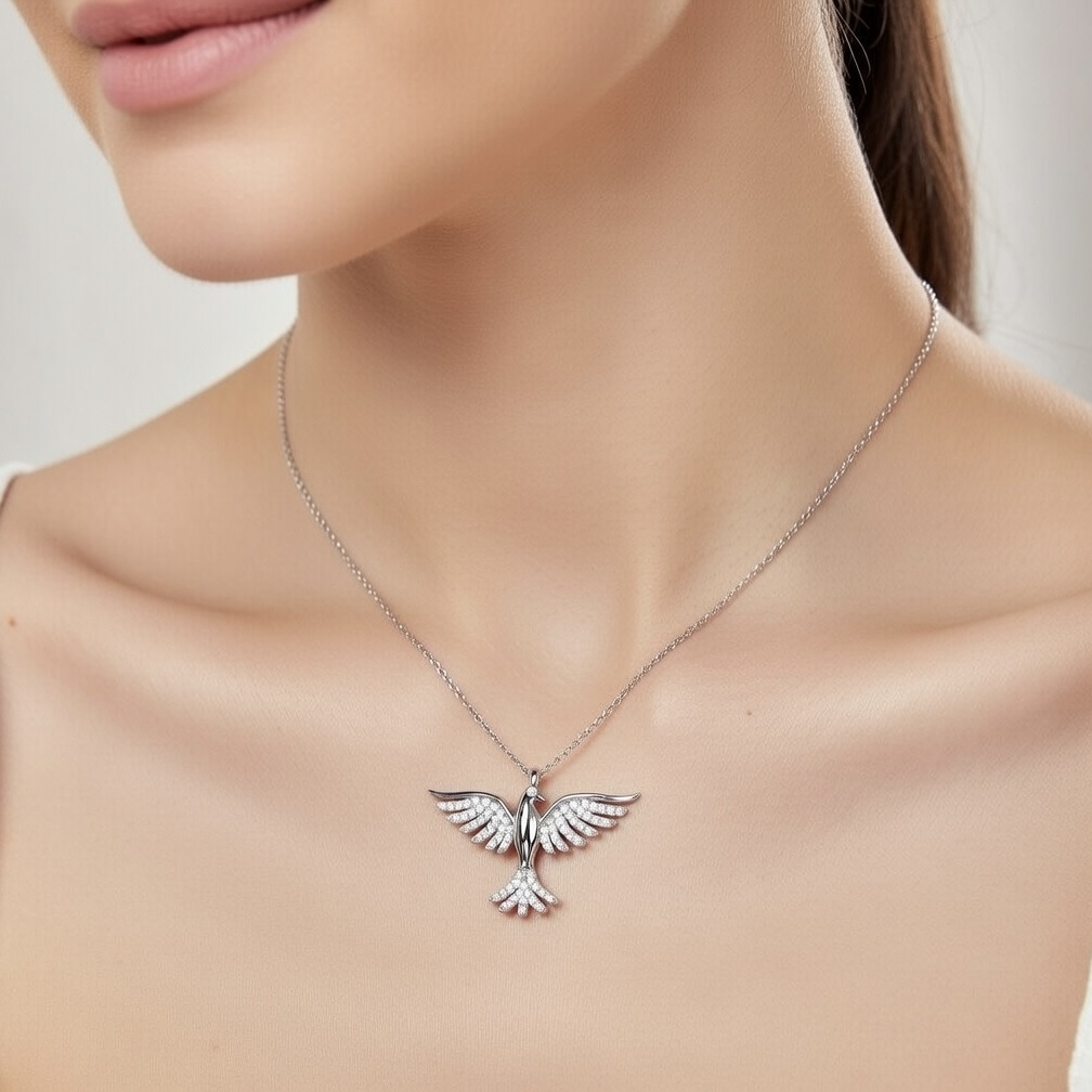Sterling Silver 925 Phoenix Necklace CZ Pendant "Silver Flame" - Silver Image 2