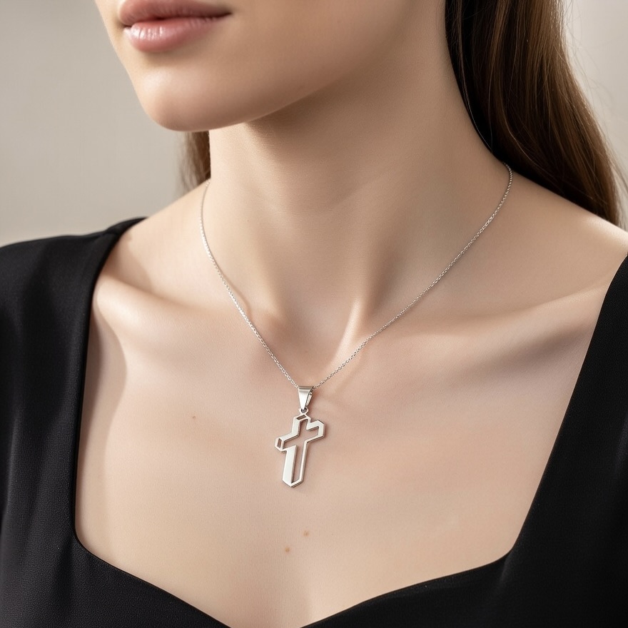 Sterling Silver 925 Unisex 3D Cross Pendant "Ortho" - Silver Image 2