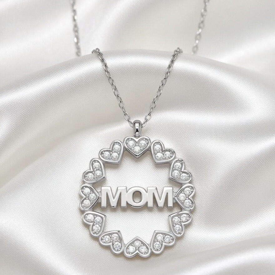 Sterling Silver 925 Round MOM Heart Charm CZ Necklace Pendant "Family" - Silver Image 2