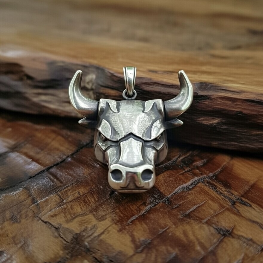 Sterling Silver 925 Bull Head CZ Pendant "Taurus" - Silver Image 2