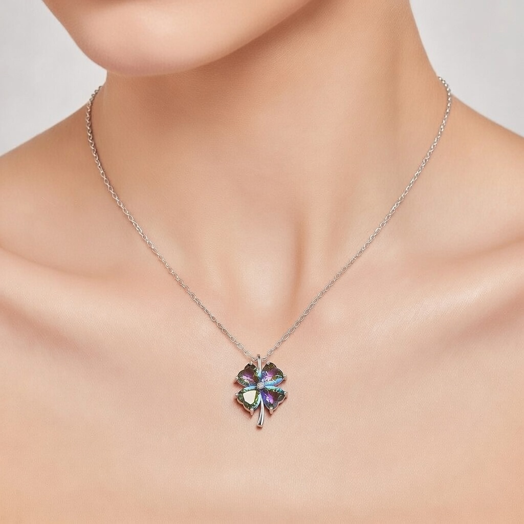 Sterling Silver 925 Four Leaf Clover Gem Necklace Pendant "Mystic Topaz" - Silver Image 4