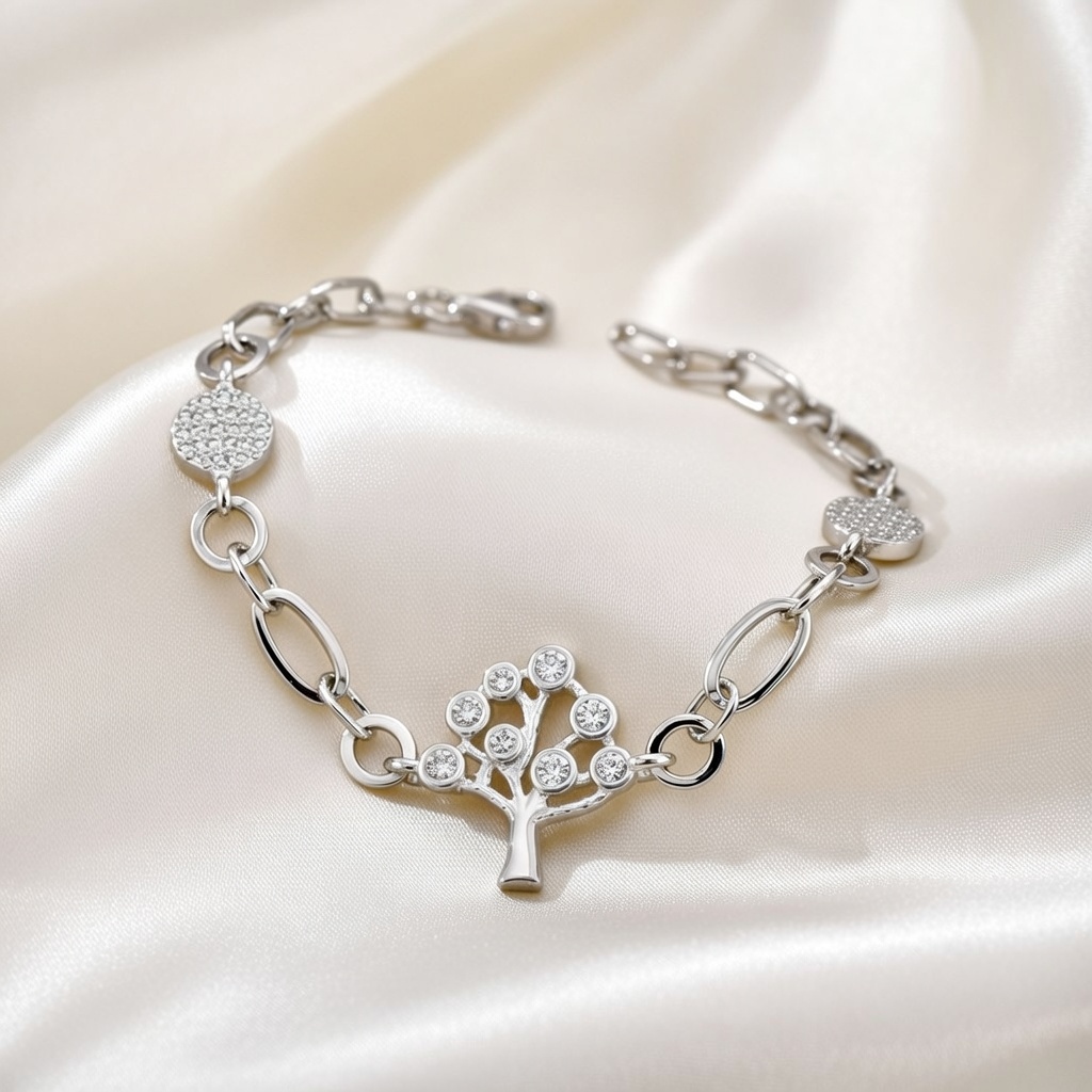 Sterling Silver 925 Tree of Life CZ Charm Chain Bracelet "Arbor" - Silver Image 2