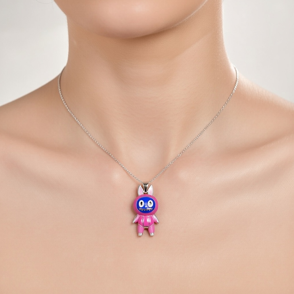 Sterling Silver 925 Labubu Necklace Pendant "Viola" - Silver Image 2