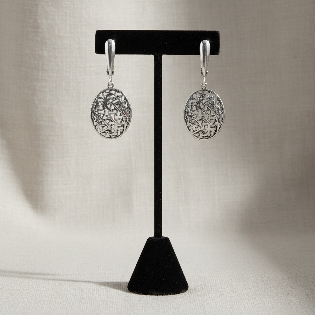 Sterling Silver 925 Drop Oval Earrings "Secret Garden" - Image 2