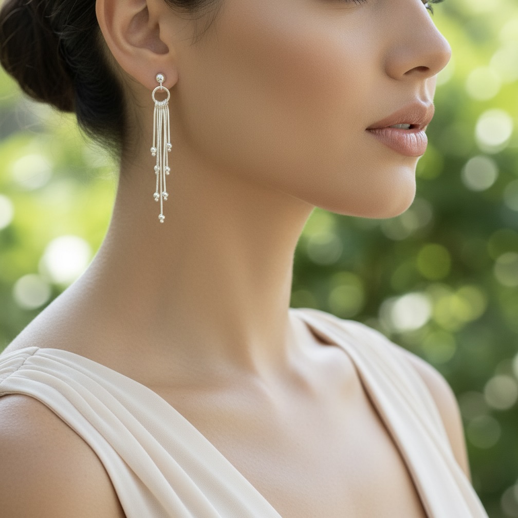 Sterling Silver 925 Dangle Drop Stud Earrings "Tassel" - Image 3