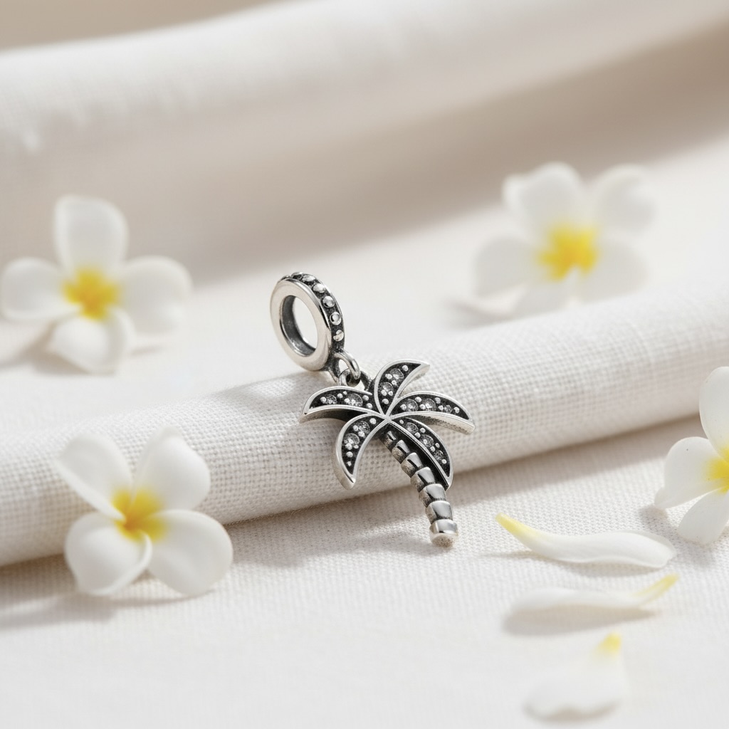 Sterling Silver 925 Palm Tree Bracelet CZ Stones Charm "Summer Breeze" - Image 2