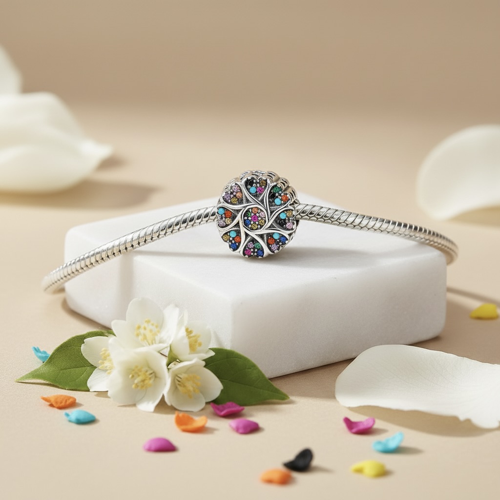 Sterling Silver 925 Multicolour Heart Accent Bracelet Bead Charm “Blooming Joy” - Image 3