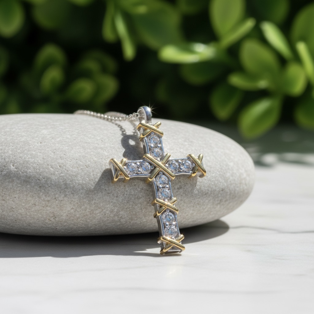 Sterling Silver 925 Cross Pendant Yellow Gold Plated CZ Necklace "Belle" - Image 2