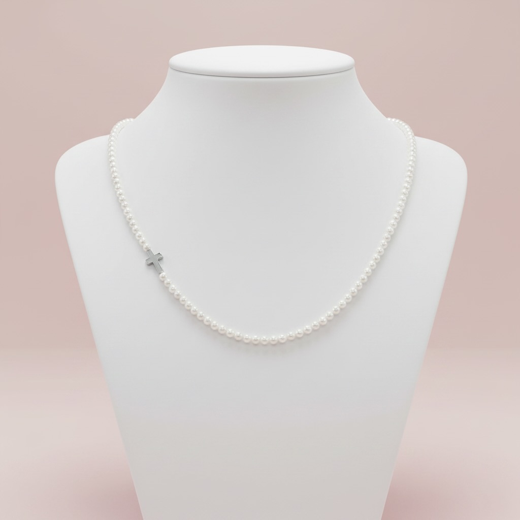 Sterling Silver 925 Pearl Beaded Cross Necklace "Ivory" - Image 2