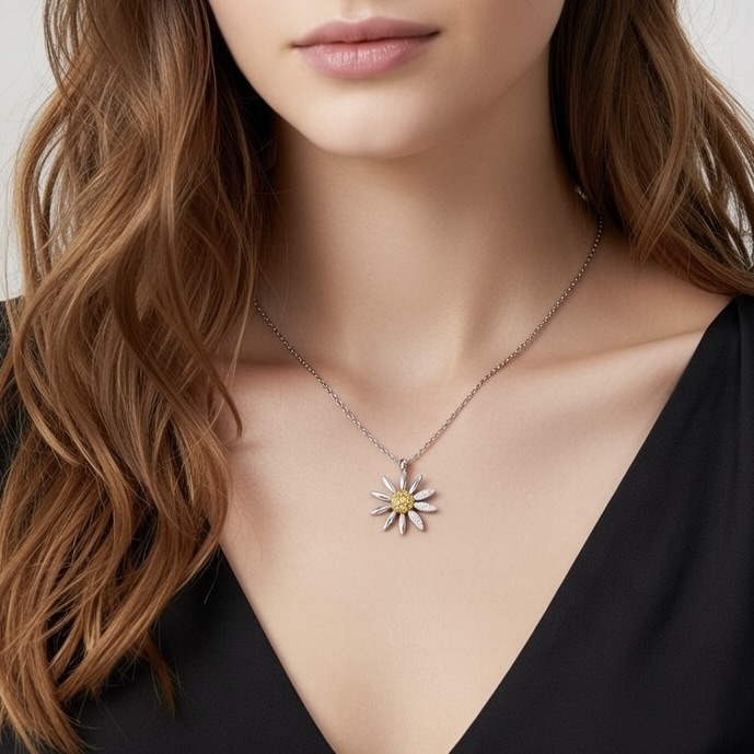 Sterling Silver 925 CZ Daisy Flower Pendant Necklace "Lulu" - Silver Image 2