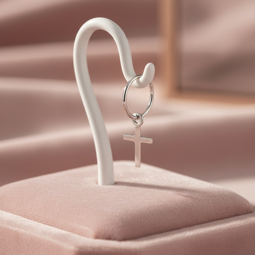 Sterling Silver 925 Single Hoop Cross Earring "Petite Faith" - Image 2
