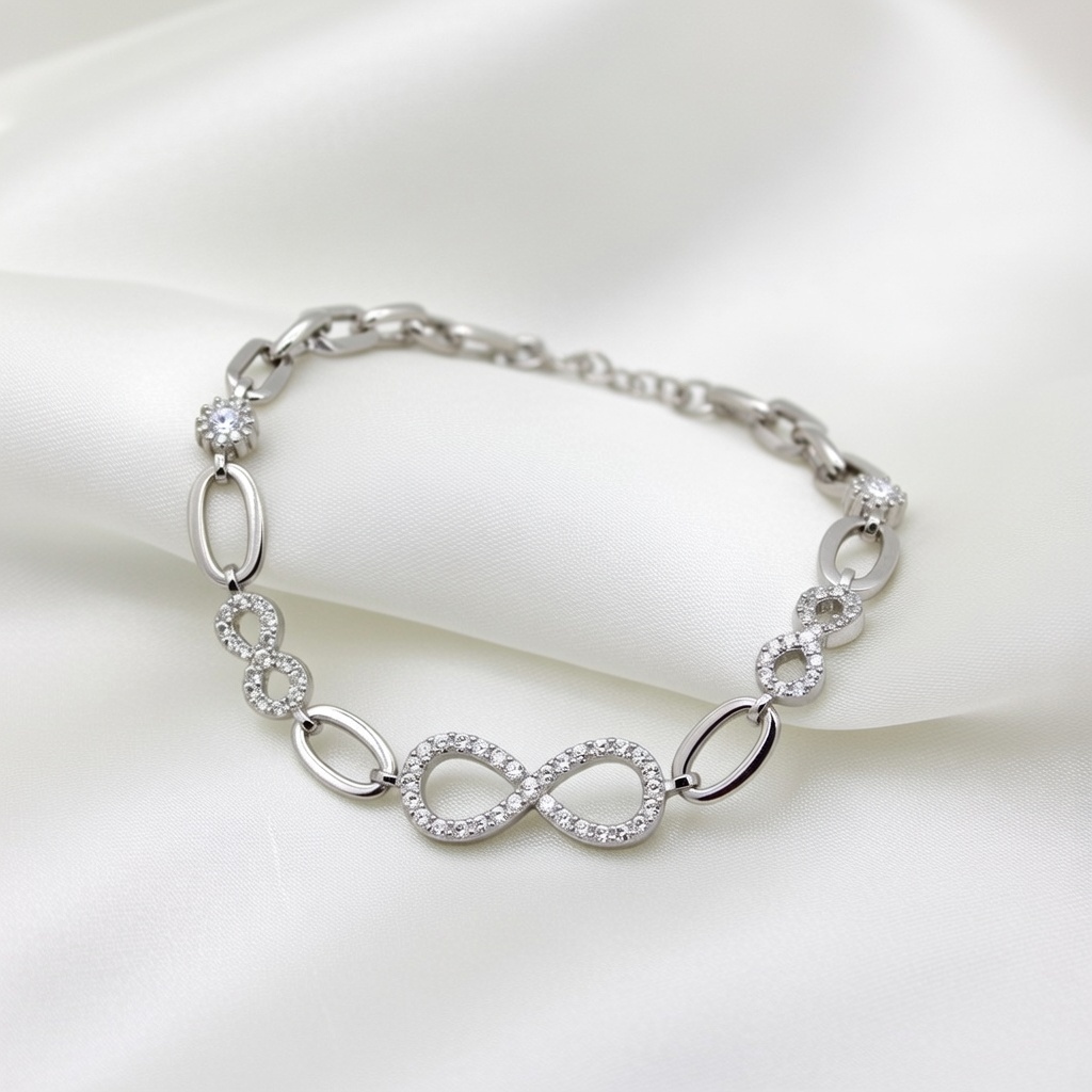 Sterling Silver 925 Infinity CZ Charm Chain Bracelet "Nth" - Silver Image 2