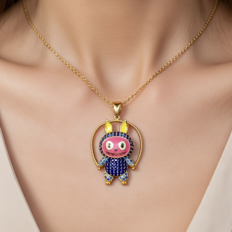 Gold Plated Sterling Silver 925 Labubu CZ Necklace Pendant  "Kiki" - Silver Image 2