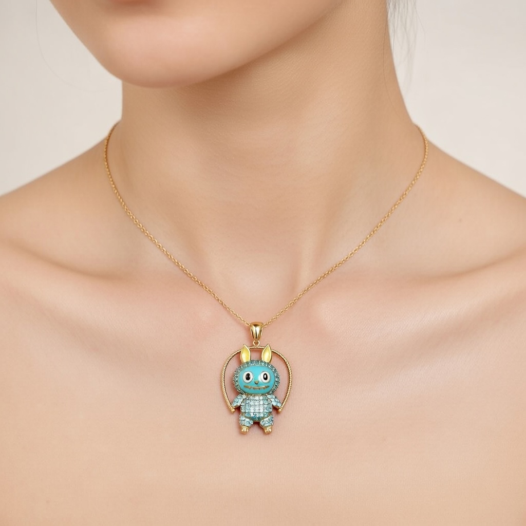 Gold Plated Sterling Silver 925 Labubu CZ Necklace Pendant "Cyan" - Silver Image 2