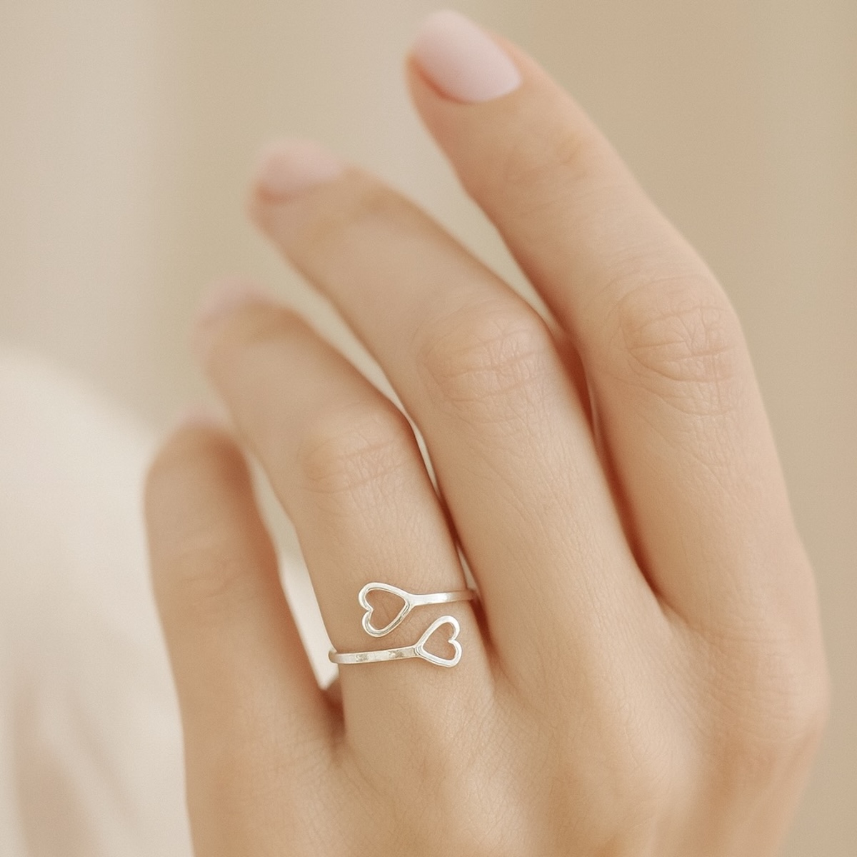 Sterling Silver 925 Double Heart Adjustable Wrap Ring "Amor" - Silver Image 3