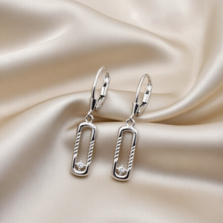 Sterling Silver 925 Rectangle CZ Drop Earrings "Linea" - Silver Image 2