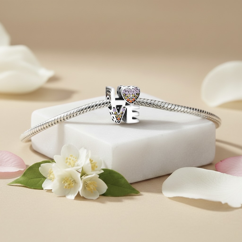 Sterling Silver 925 Pavé Bracelet Bead Charm “LOVE” - Image 3