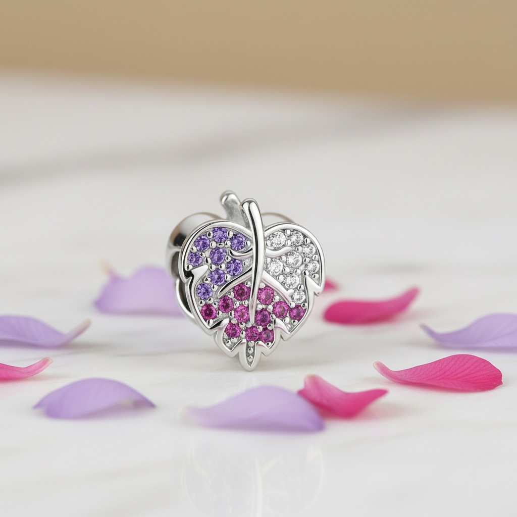 Sterling Silver 925 Sparkling Leaf Bracelet Bead Charm "Spring Blush” - Image 2