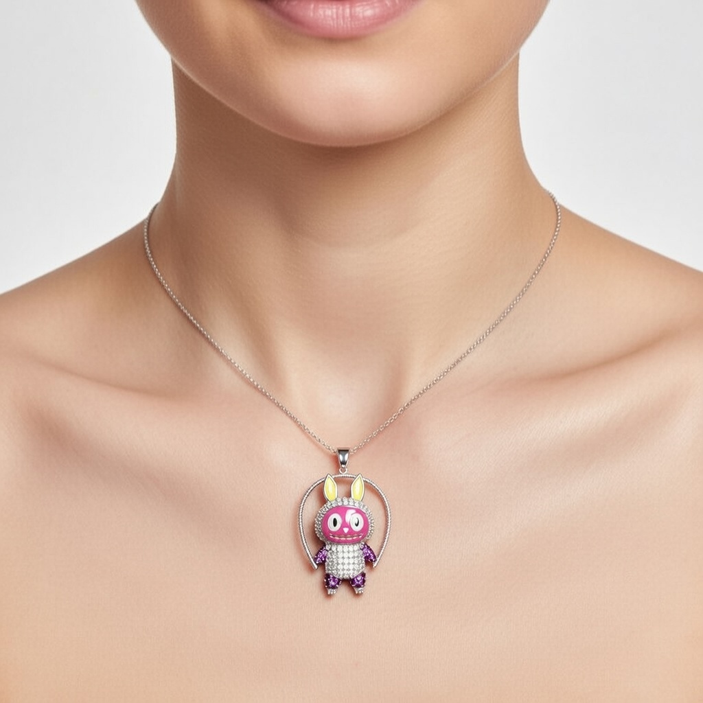 Sterling Silver 925 Labubu CZ Necklace Pendant "Fiona" - Silver Image 2