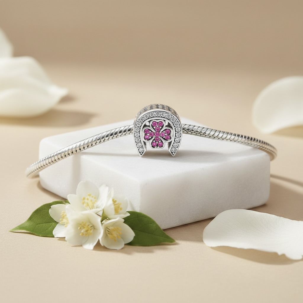 Sterling Silver 925 Horseshoe CZ Bracelet Bead Charm “Lucky Clover” - Image 3