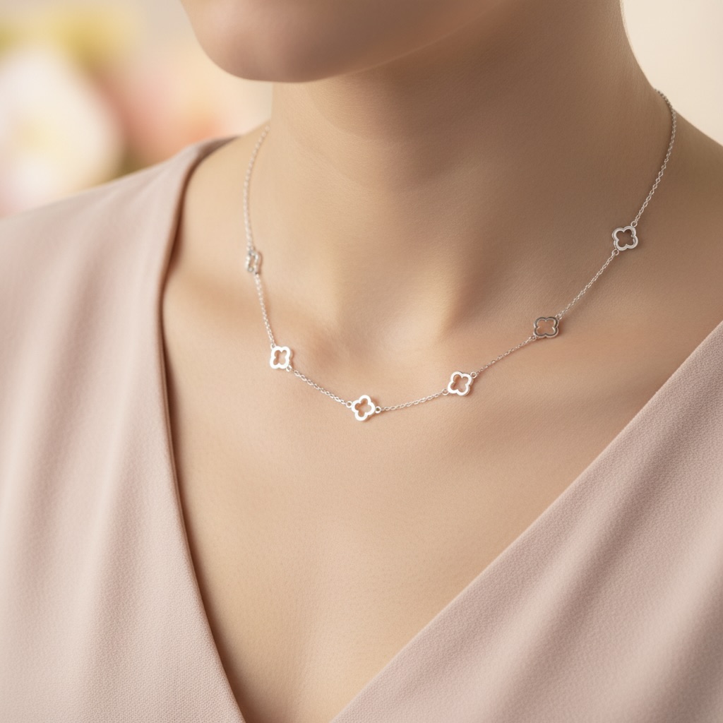 Sterling Silver 925 Openwork Four Leaf Clover Chain Necklace "Oxalis" - Image 3