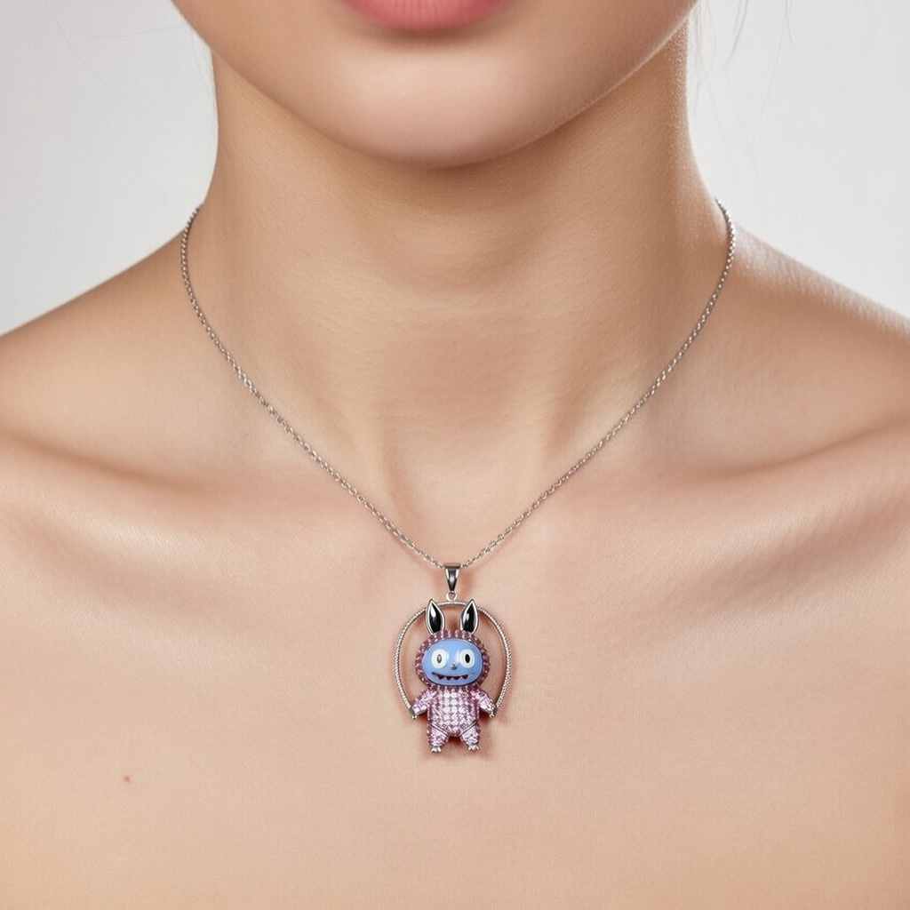 Sterling Silver 925 Labubu CZ Necklace Pendant "Luna" - Silver Image 2