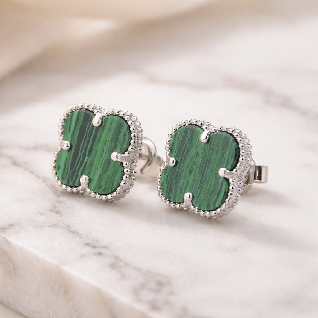 Sterling Silver 925 Green Malachite Clover Stud Earrings “Verdant” - Image 2