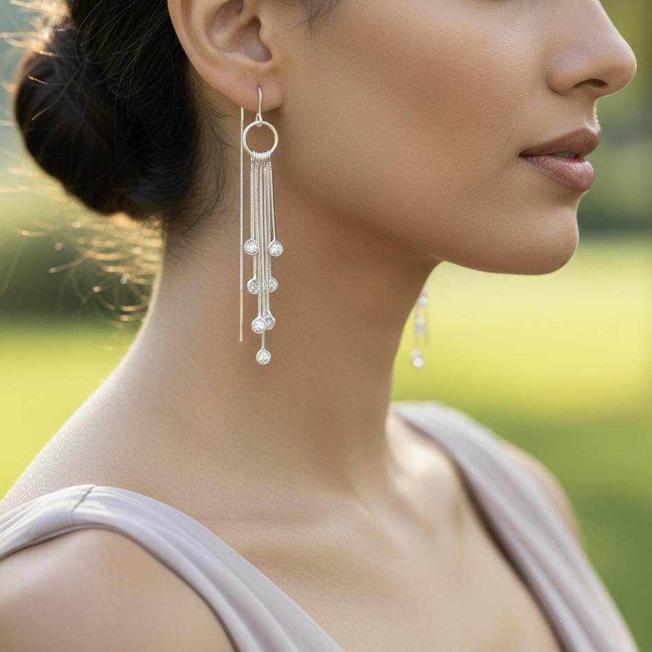 Sterling Silver 925 CZ Dangle Drop Threader Earrings "Lumina" - Image 3
