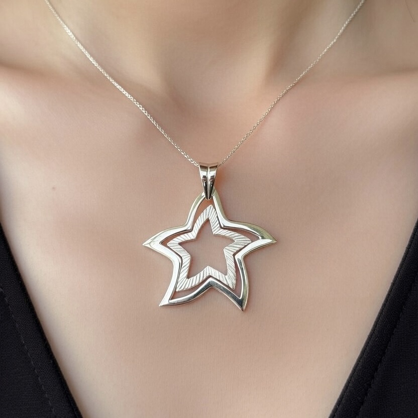 Sterling Silver 925 Double Star Outline Pendant "Stellar" - Silver Image 2