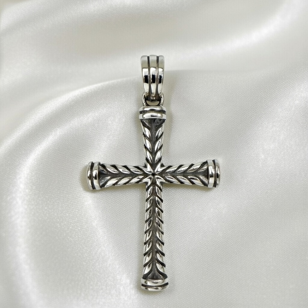 Sterling Silver 925 Unisex Braided Cross Pendant "V" - Silver Image 2