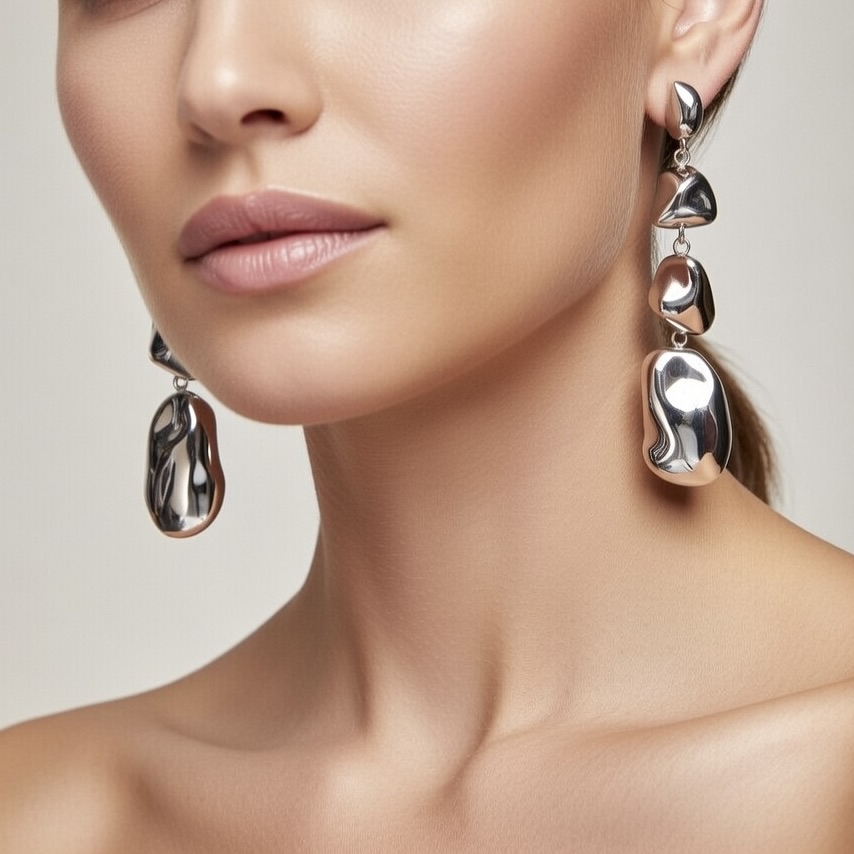 Sterling Silver 925 Dangle Drop Stud Earrings "Alluvial" - Silver Image 3