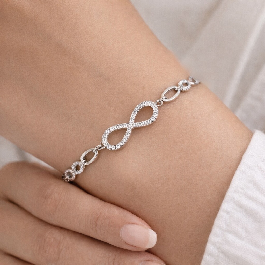 Sterling Silver 925 Infinity CZ Charm Chain Bracelet "Nth" - Silver Image 3