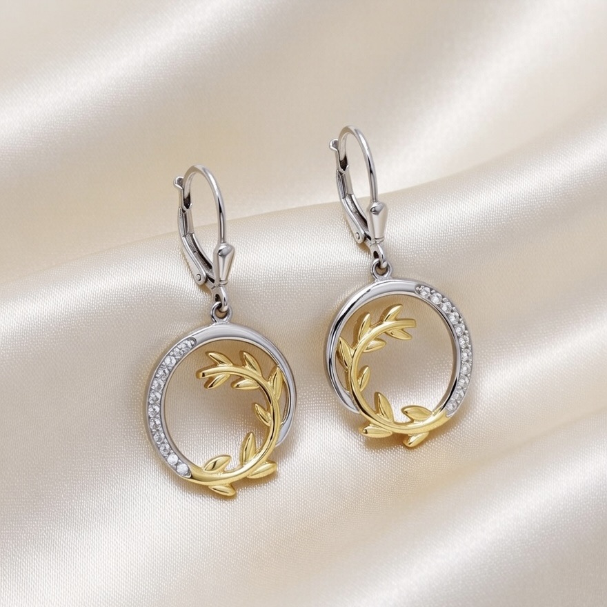 Sterling Silver 925 Gold Plated Olive Branch CZ Drop Earrings "Olea" - Silver Image 2