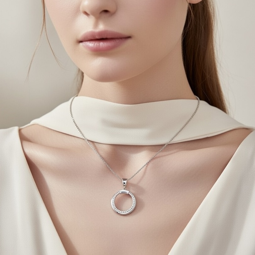 Sterling Silver 925 CZ Open Round Pendant "Loran" - Silver Image 3