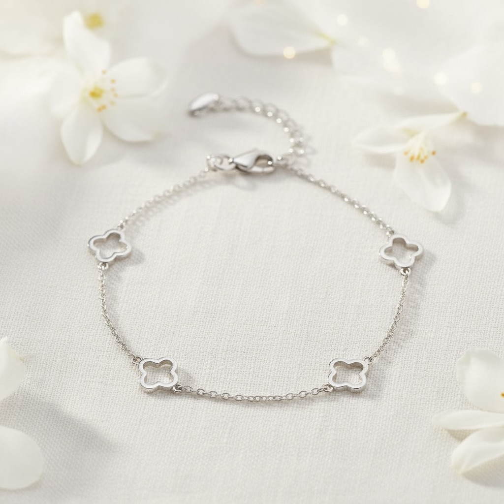 Sterling Silver 925 Openwork Four Leaf Clover Chain Bracelet "Oxalis" - Image 2