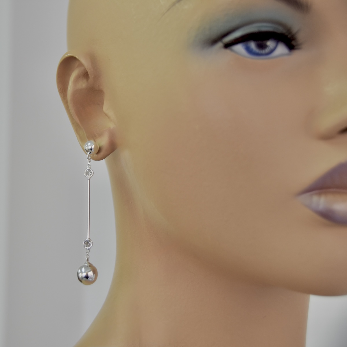 Sterling Silver 925 CZ Bar Drop Earrings "Lara" - Silver Image 3