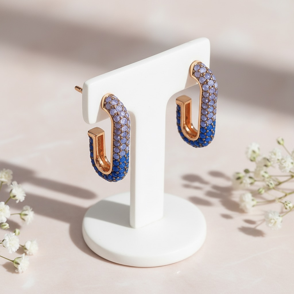 Sterling Silver 925 Rose Gold Plated Blue Pavé Stud Earrings "Azure Glow" - Image 2