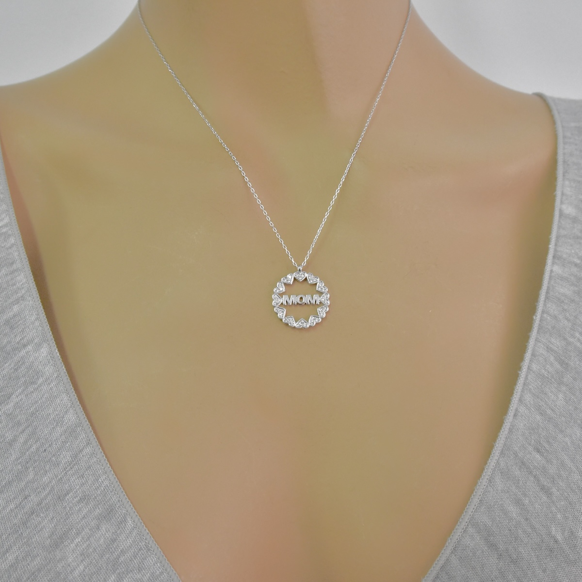 Sterling Silver 925 Round MOM Heart Charm CZ Necklace Pendant "Family" - Silver Image 3