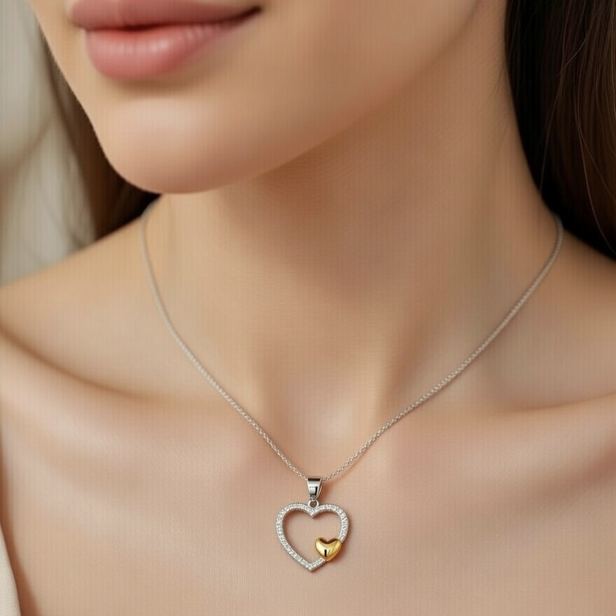 Sterling Silver 925 Gold Plated Open Heart Pendant "Amare" - Silver Image 3